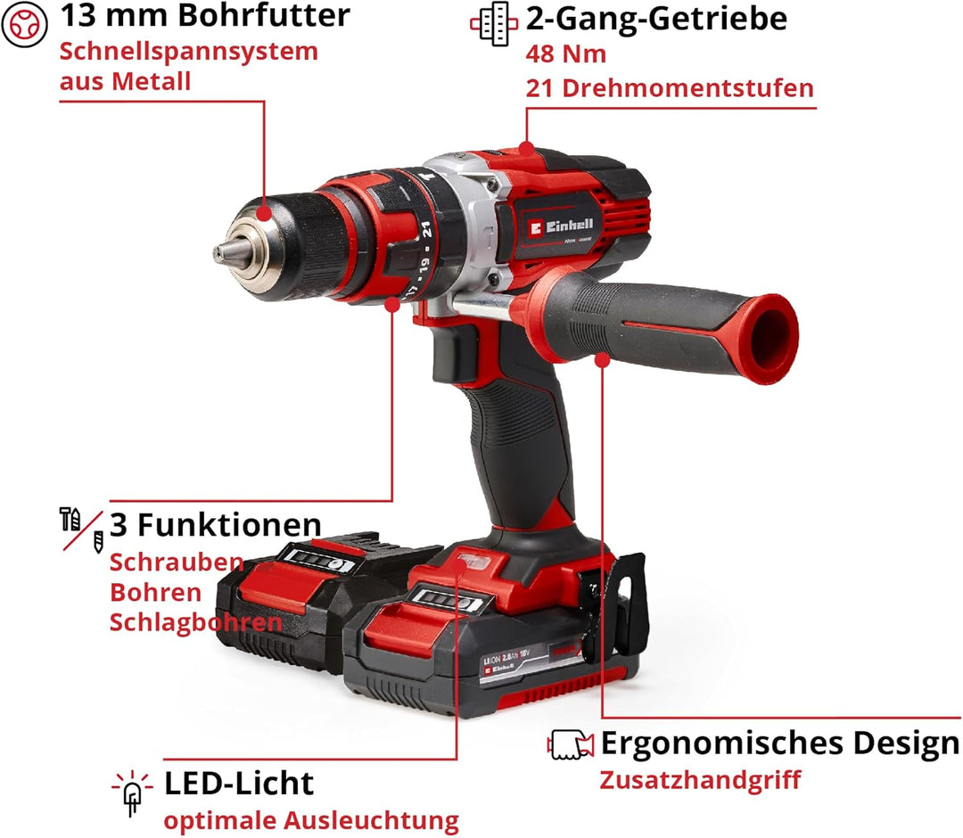 Einhell 4513935 Akkuschrauber TE-CD 18/48 Li-i Kit Power X-Change (mit Schlagfunktion, Li-Ion, 18 V,