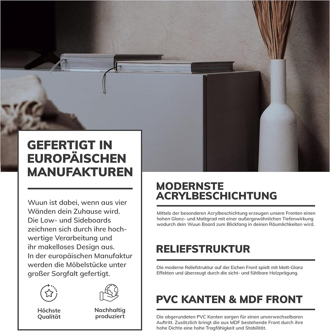 Wuun® TV-Schrank Lowboard Somero | 180cm | Korpus Perl-Matt-Grau - Front Weiss-Matt Perl-matt-grau -