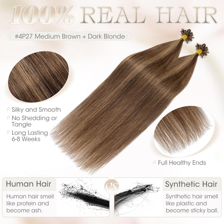 Elailite Extensions Echthaar Bonding 1g/s 50cm #4P27 Mittelbraun/Honigblond U Tip Hair Extensions Ha