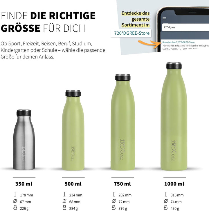 720°DGREE Edelstahl Trinkflasche “milkyBottle” - 500ml - Perfekt für Kinder, BPA-Frei, Auslaufsicher