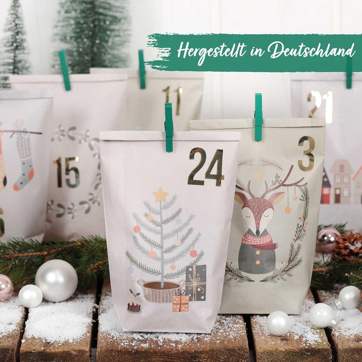 Papierdrachen Adventskalender 2025 zum Befüllen - 24 pastellfarbene Geschenktüten mit Zahlenaufklebe