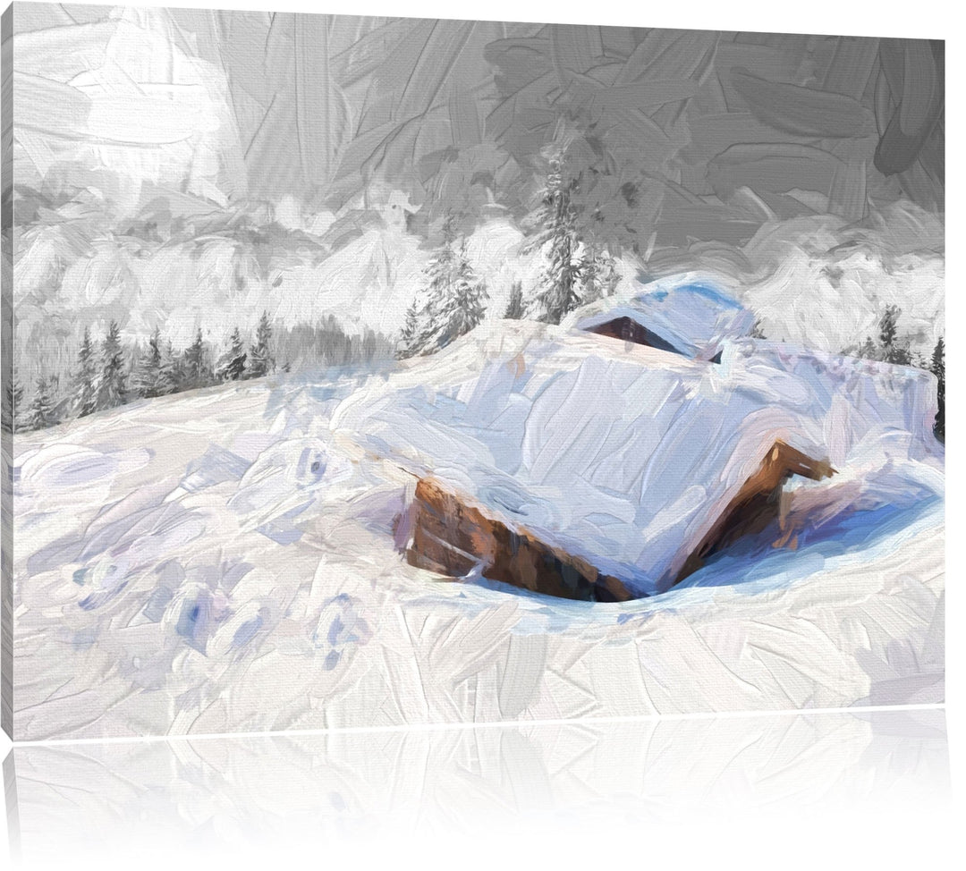 hübsche verschneite Berghütten in den Alpen Format: 100x70 auf Leinwand, XXL riesige Bilder fertig g