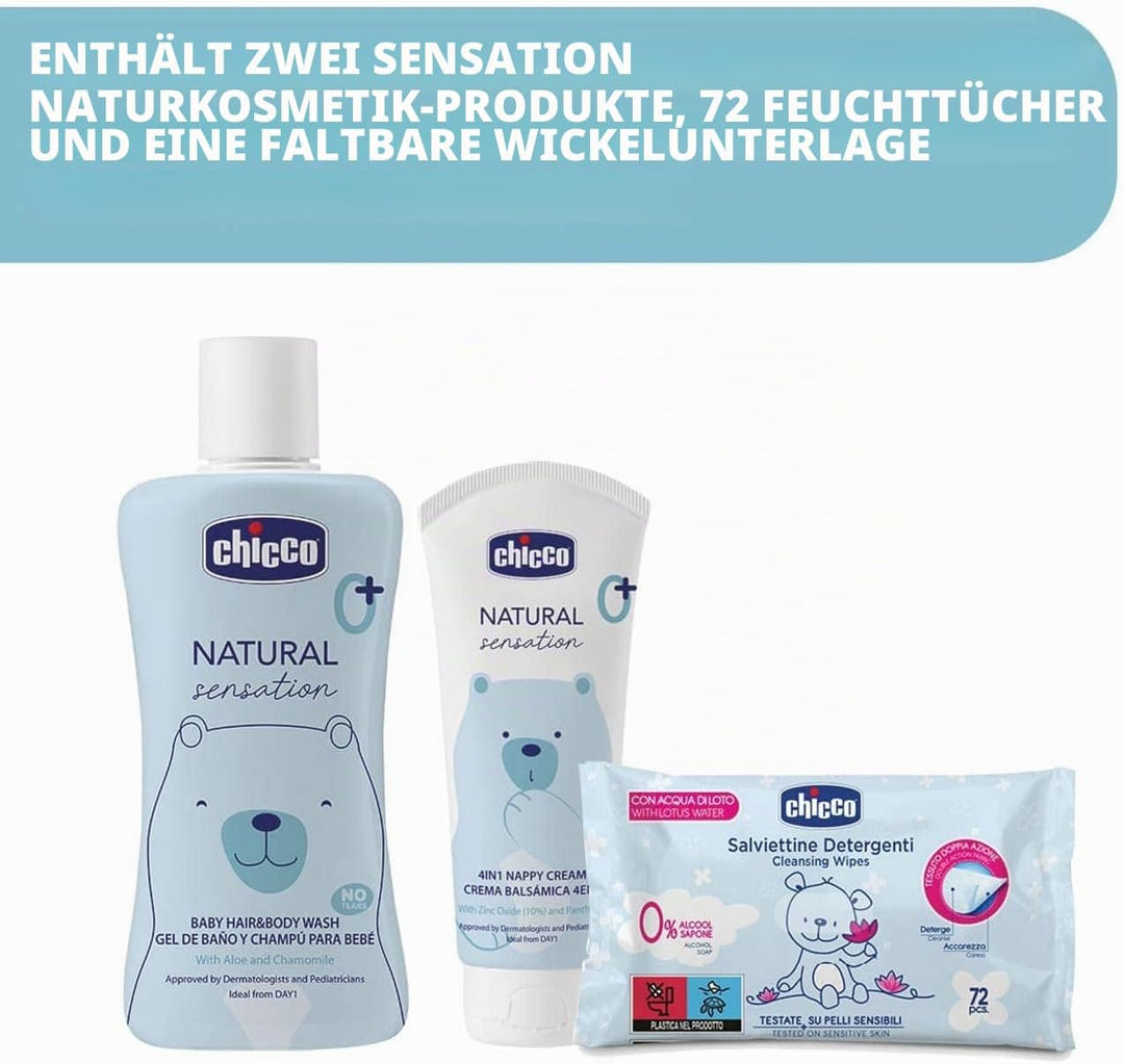 CHICCO NATURAL SENSATION - WICKELRUCKSACK ENTHÄLT 1 BABY SCHAMPOO & KÖRPERBAD – OHNE TRÄNEN 200 ML,