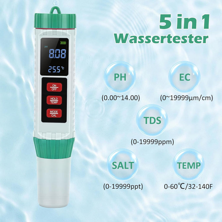 5 in 1 PH Messgerät Wasser, PH TDS EC Salzgehalt Temperatur Messgerät mit LED Display und Auto Tempe