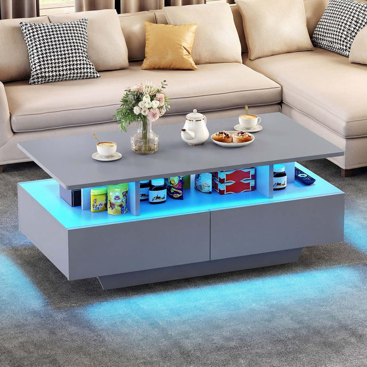 YITAHOME Couchtisch Grau, Wohnzimmertisch Hochglanz mit 16-Farbiger LED Beleuchtung Modern, Beistell