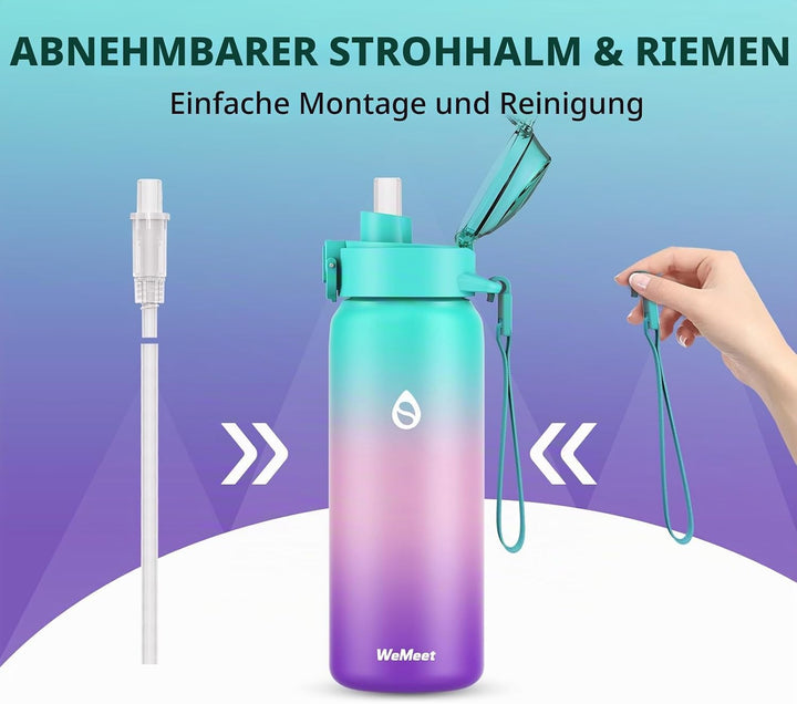 WEMEET Trinkflaschen Edelstahl 500ML mit Abnehmbare Strohhalm, [18/10 Edelstahl] Wasserflasche mit R
