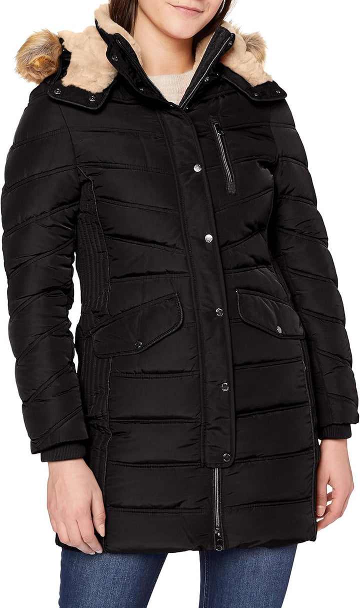 TOM TAILOR Damen Lange Pufferjacke mit Fellbesatz S 14482 - Deep Black, S 14482 - Deep Black