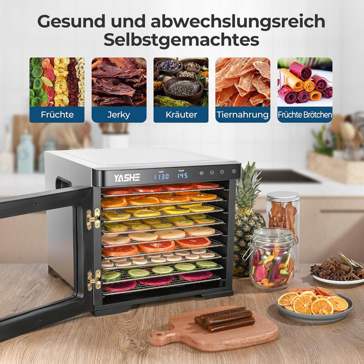 Edelstahl Dörrautomat, 1000W Dörrgerät für Obst und Gemüse mit LED-Anzeige, präziser Temperaturregel