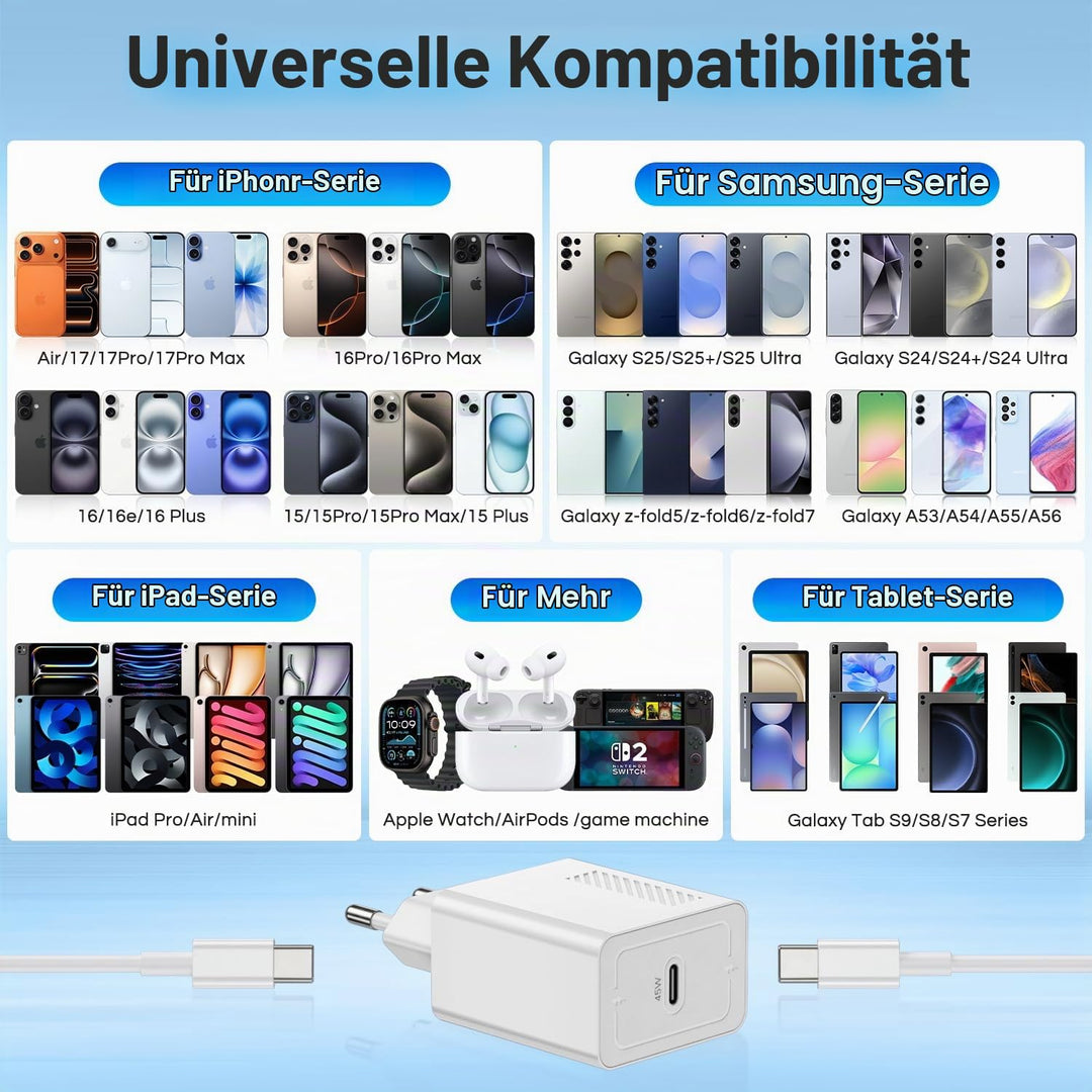 Qalirvis 45W USB C Ladegerät Ladekabel für iPhone 17 Pro Max 17 Air, iPhone 16 16e 15 Pro Max, iPad,