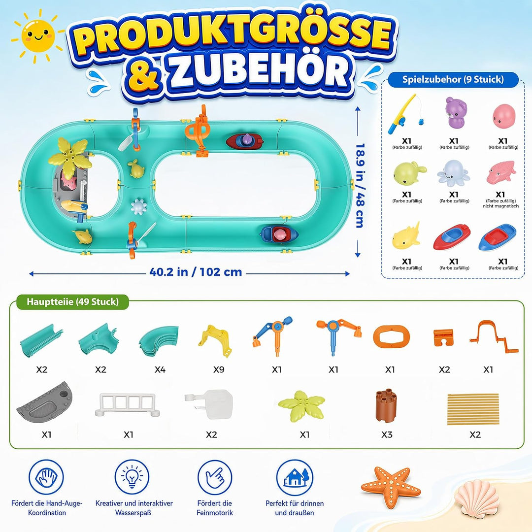 Wasserbahn Kinder Draussen 58-TLG. Wassertisch Spielzeug – Schleusen, Boote & Magnet-Angel inkl. 6 T