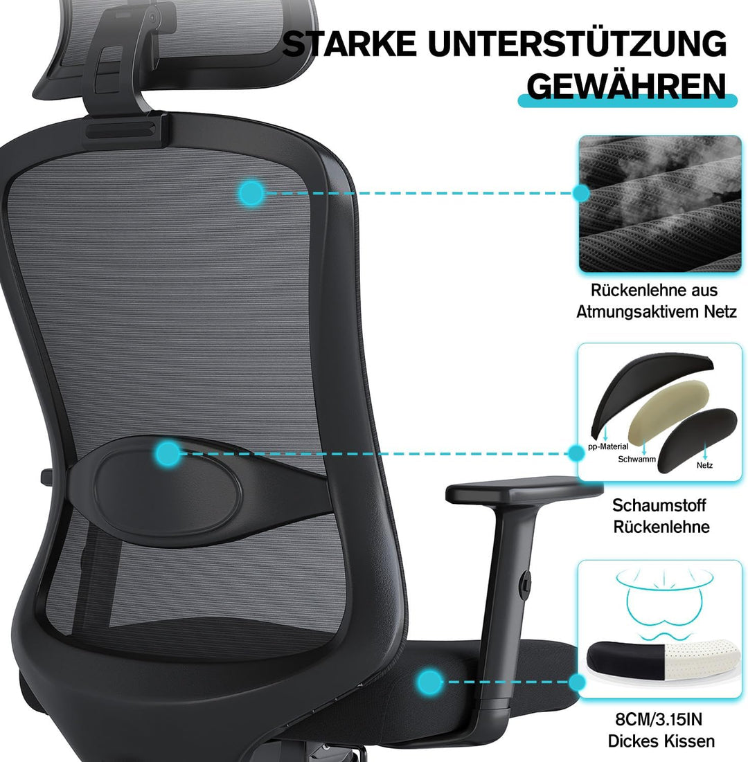 Bürostuhl Ergonomisch Schreibtischstuhl, Drehstuhl mit Schaumstoff-Lendenkissen, Bürostühle mit Vers