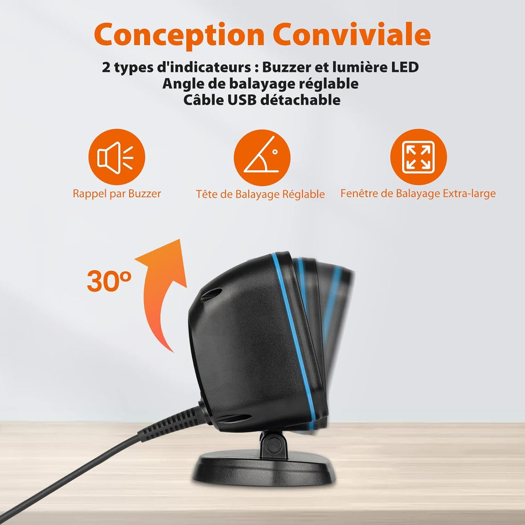 OBZ Desktop Barcode Scanner USB, QR Code Scanner mit Weitwinkel, Automatischer Hands-Free Scanner fü