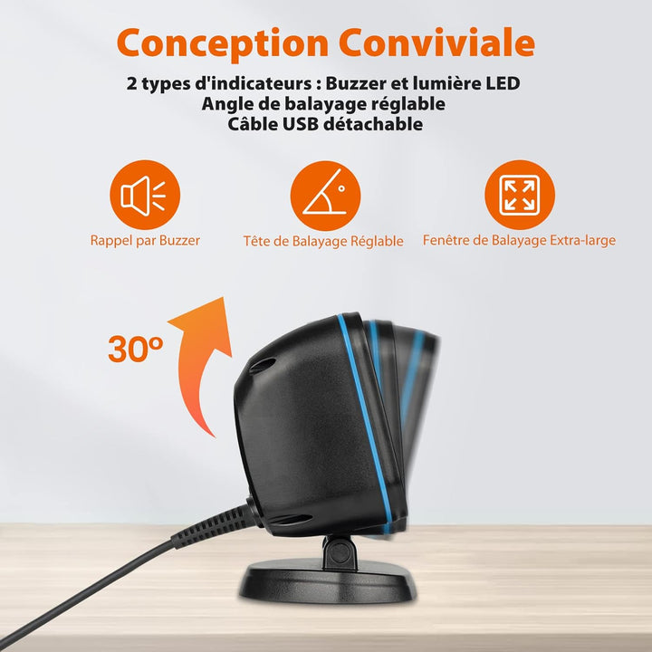 OBZ Desktop Barcode Scanner USB, QR Code Scanner mit Weitwinkel, Automatischer Hands-Free Scanner fü