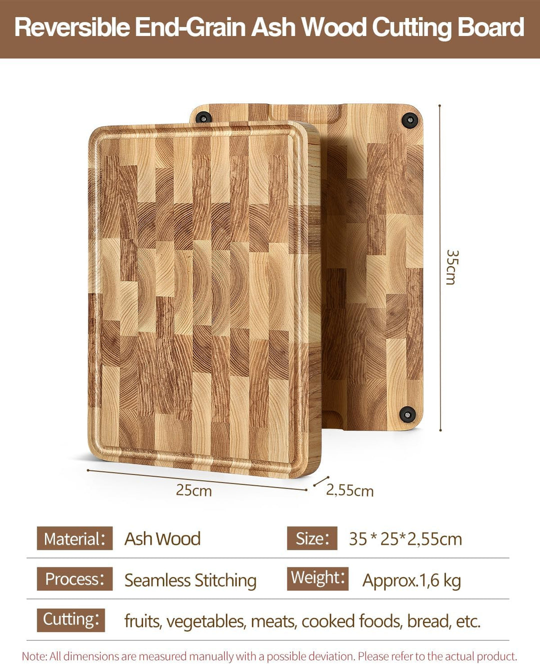 XINZUO Eschenholz Hirnholz-Schneidebrett(35x25x2,55cm), Holzbrett Küche Hackbretter Aufschnittbrett