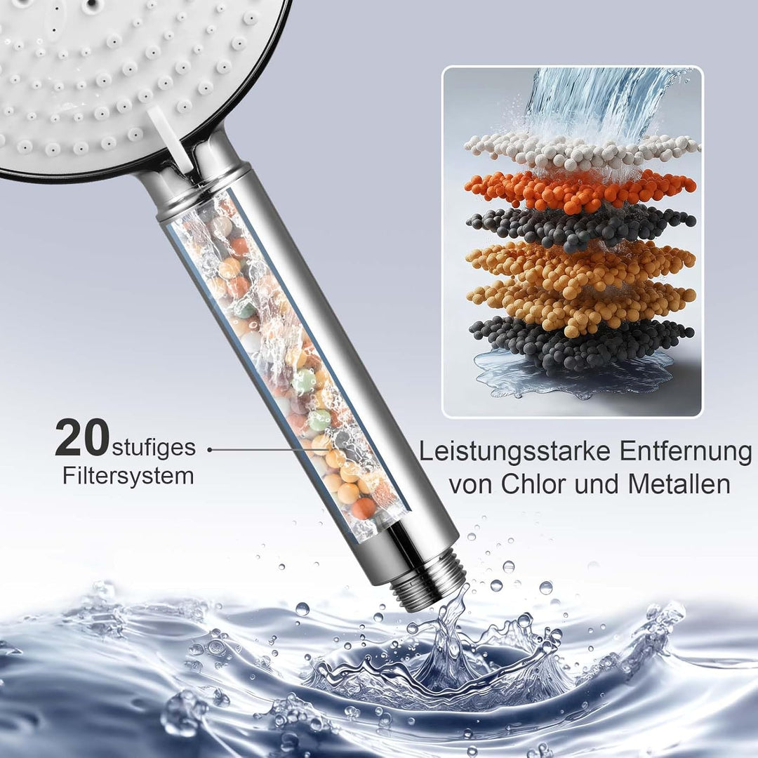 OFFO Duschkopf mit Schlauch 1,6m und Halterung, Handbrause mit Filter 6 Strahlarten, Duschkopf Gross