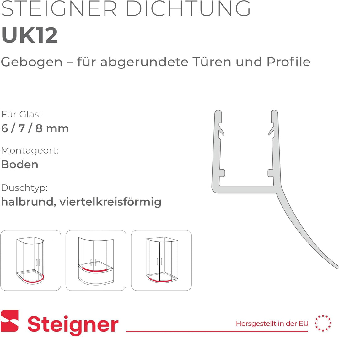 STEIGNER Duschdichtung, 120cm, Glasstärke 6/7/ 8 mm, Vorgebogene PVC Ersatzdichtung für Runddusche,