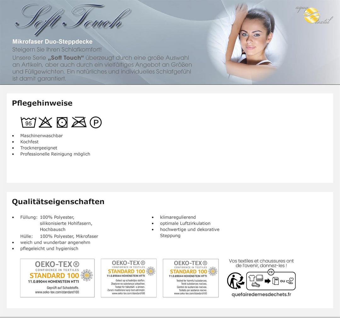 aqua-textil Soft Touch 1x Kopfkissen 40 x 80 cm Set inkl Duo Bettdecke Winterdecke 135 x 200 cm Wint