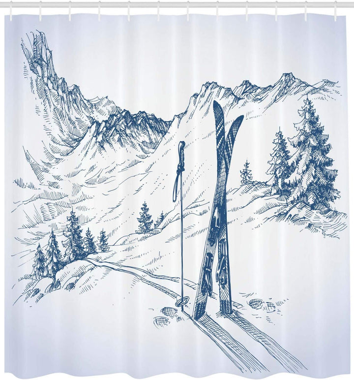 ABAKUHAUS Winter Duschvorhang, Ski Sport Mountain View, Stoffliches Gewebe Badezimmerdekorationsset