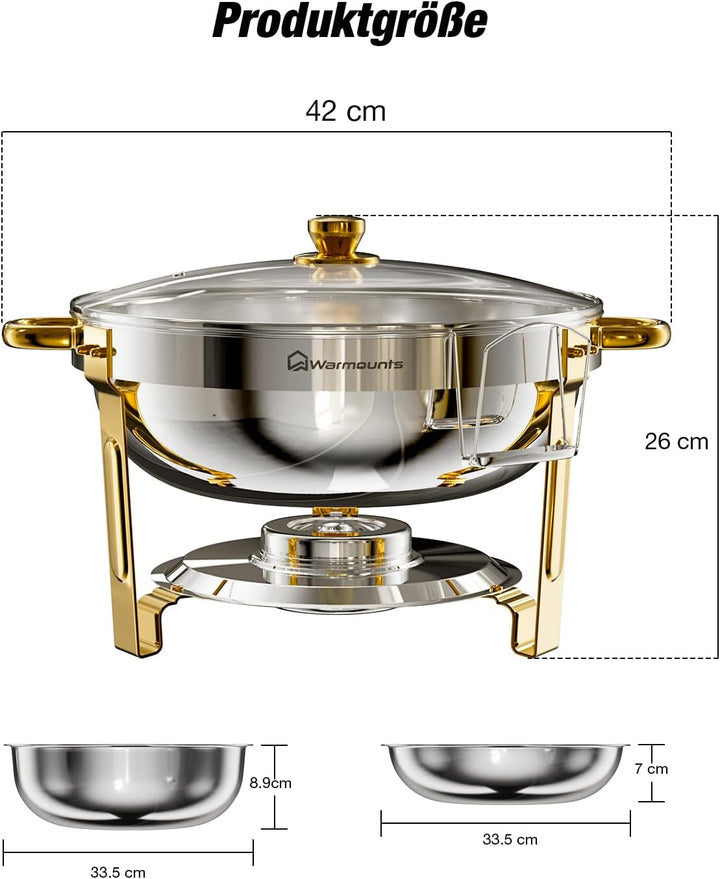 WARMOUNTS Silber & Gold Chafing Dish Buffet 5L 2er Set, Rund Speisenwärmer für Catering mit Glasdeck