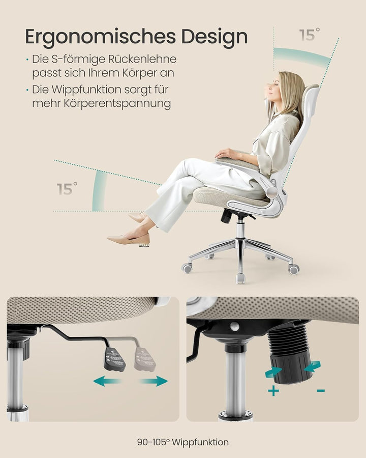 SONGMICS Bürostuhl, Drehstuhl, Chefsessel mit klappbaren Armlehnen, Kopf- und Lendenstütze, neigbar,