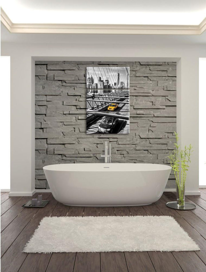 Pixxprint Gelbes Taxi in New York auf Brücke 3-Teiler Leinwandbild 120x80 Bild auf Leinwand