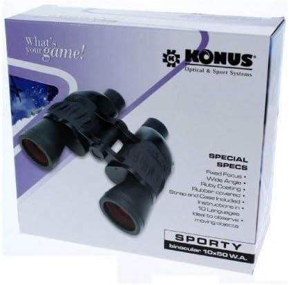 KONUS | Sporty 10x50 Schwarzes gummiertes Fernglas mit rubinroter Optik, Constant Focus, 10x50 Zoom