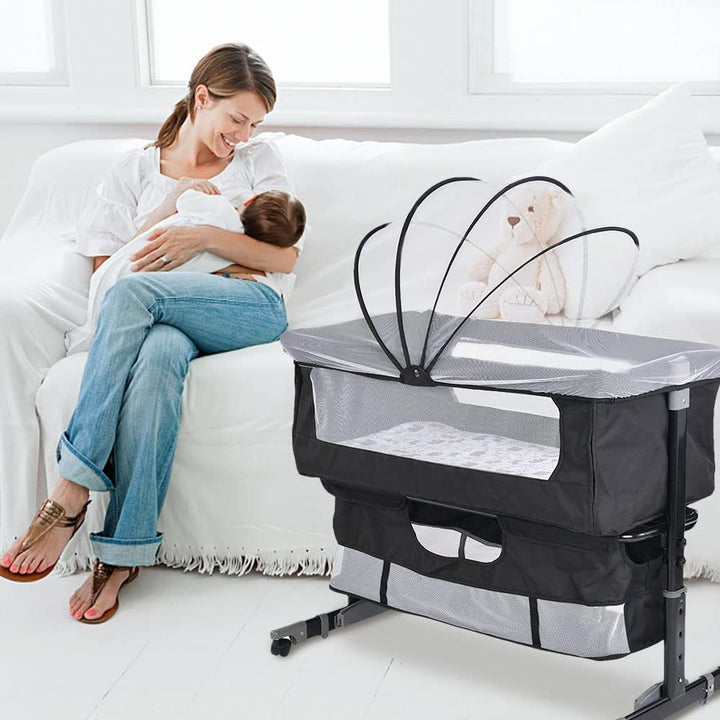homewell 3 in 1 Babybett Beistellbett, Wiege mit Moskitonetz und Aufbewahrungskorb, Faltbares, Neigu