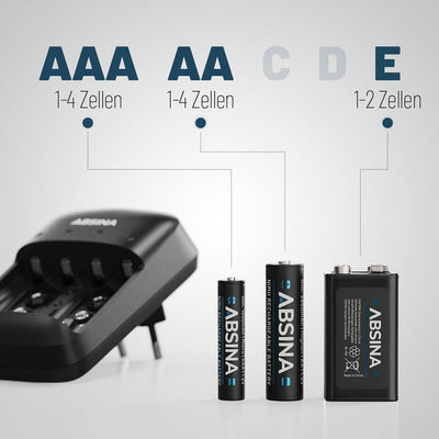 ABSINA Akku Ladegerät AA AAA & 9V Block inkl. 4X AAA 1150 Akkus - NiMH Ladegerät Akku Batterien 4-Fa