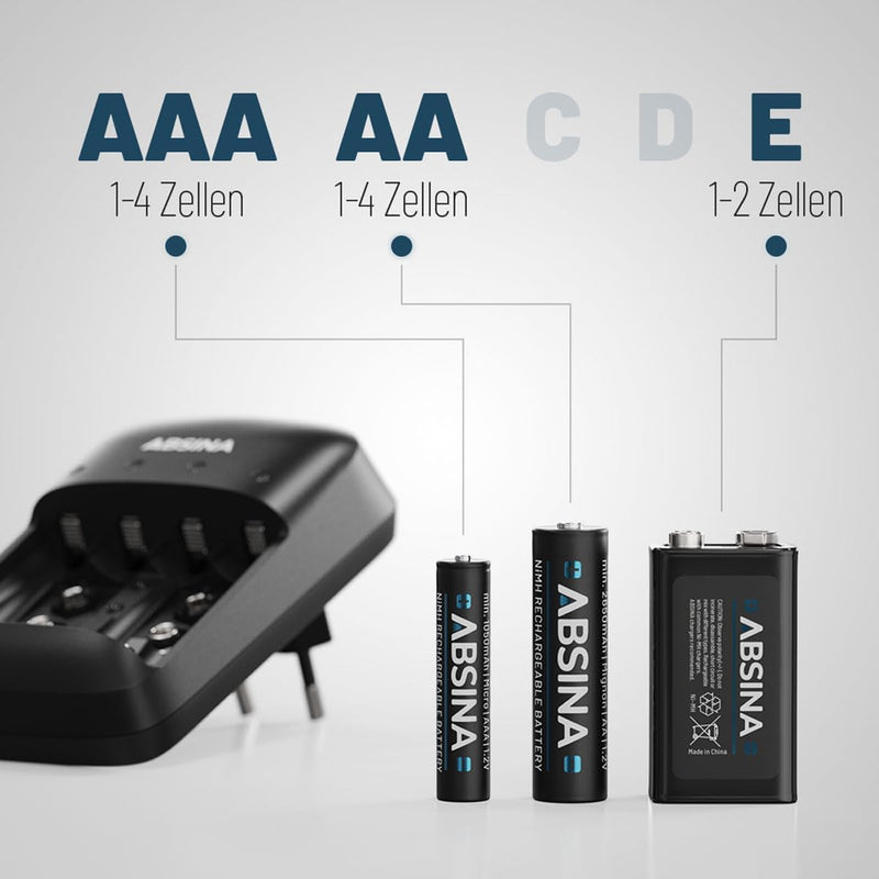 ABSINA Akku Ladegerät AA AAA & 9V Block inkl. 4X AA 2900 Akkus - NiMH Ladegerät Akku Batterien 4-Fac