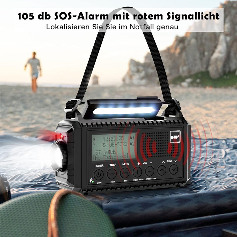 Kurbelradio DAB/UKW, Tragbare Solar Radio mit LED Taschenlampe & Leselicht, DAB+/FM Dynamo Radio IPX