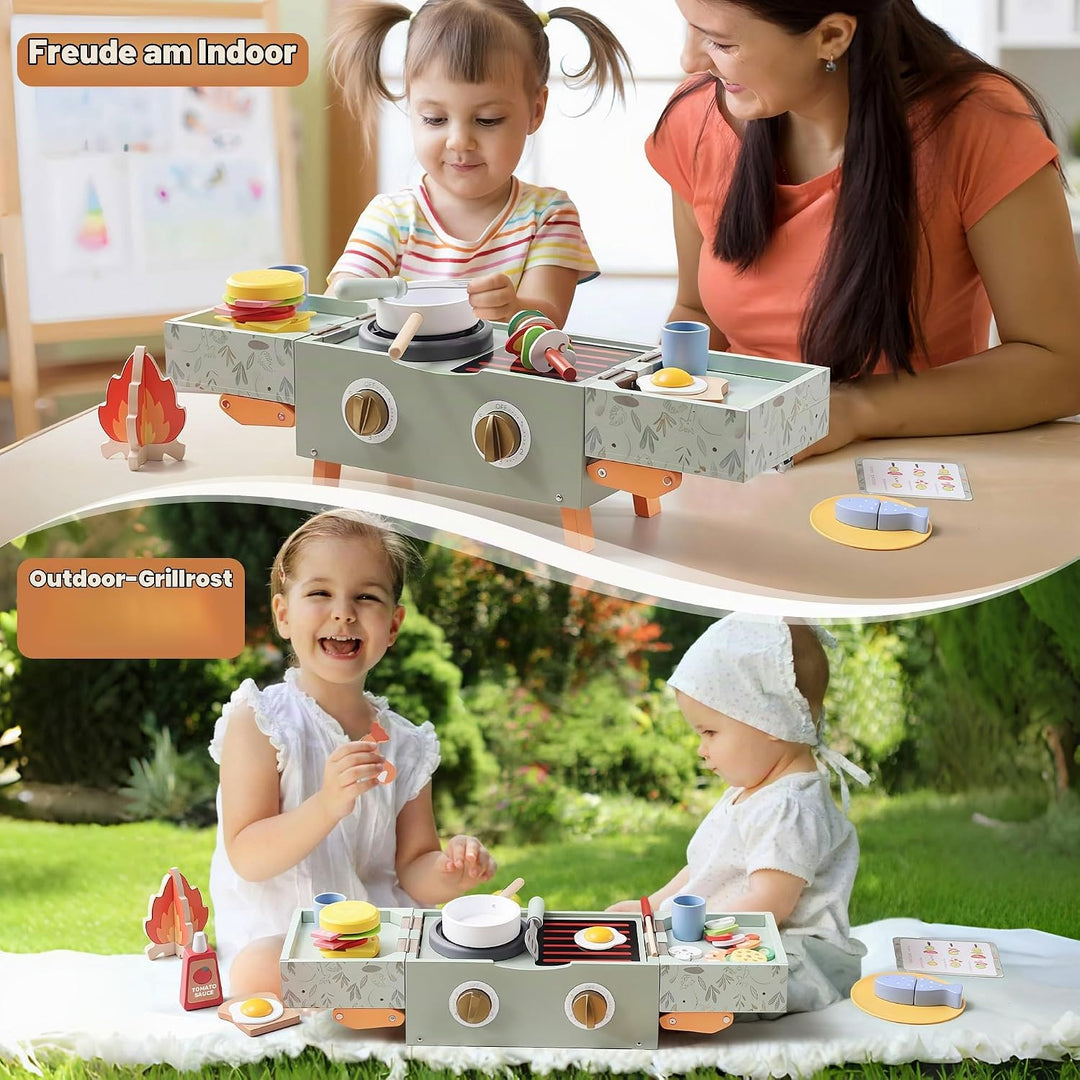 Grillset Kinderküche Spielküche Zubehör Holz, Faltbare Küchenspielzeug ab 3 Jahre, Lebensmittel Spie