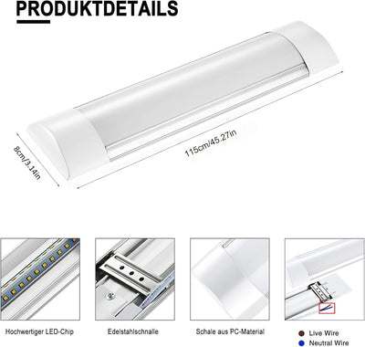 Bellanny LED Deckenleucht Röhre Licht 115cm, 40W 4800LM Feuchtraumleuchte LED, 3000K Warmweiss Leuch