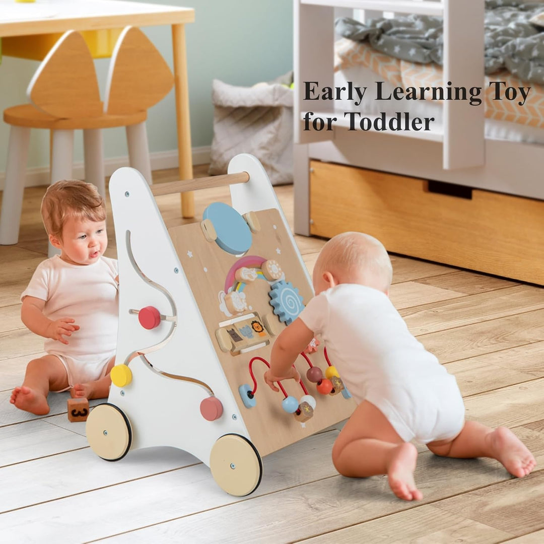 LIFEZEAL Lauflernwagen Holz, Lauflernhilfe mit Stauraum, Bauklötzen &amp; Spielboard, Baby Walker ab 36