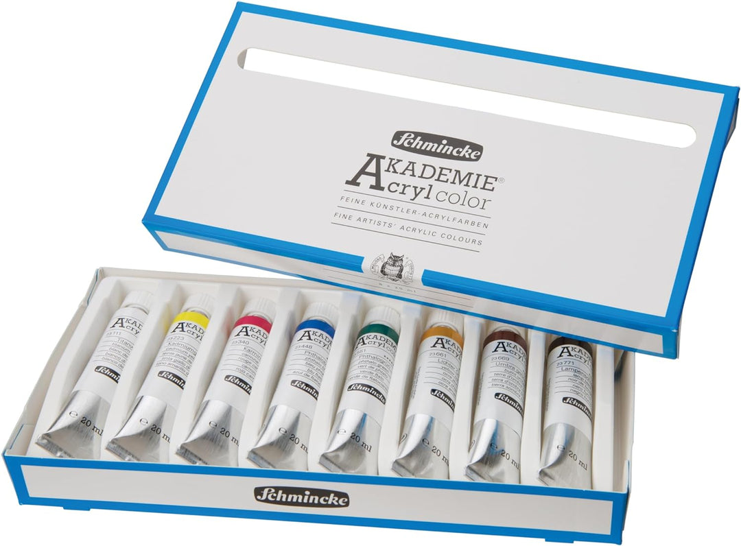 Schmincke – AKADEMIE Acryl, Grundsortiment 8 x 20 ml-Tuben, 76 008 097, Kartonset, brillante, farbst