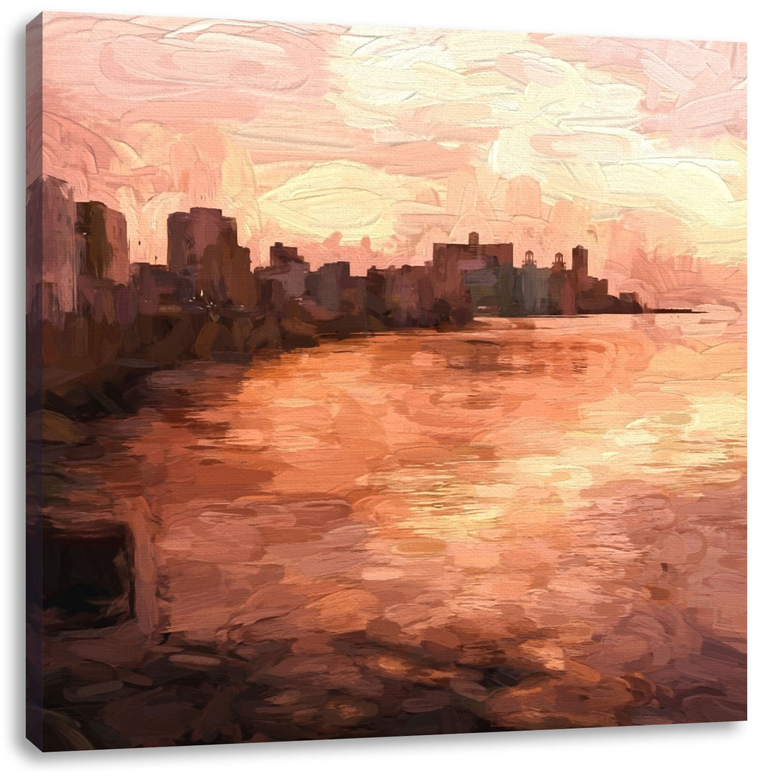 Pixxprint Stadt am Wasser, Format: 70x70 auf Leinwand, XXL riesige Bilder fertig gerahmt mit Keilrah