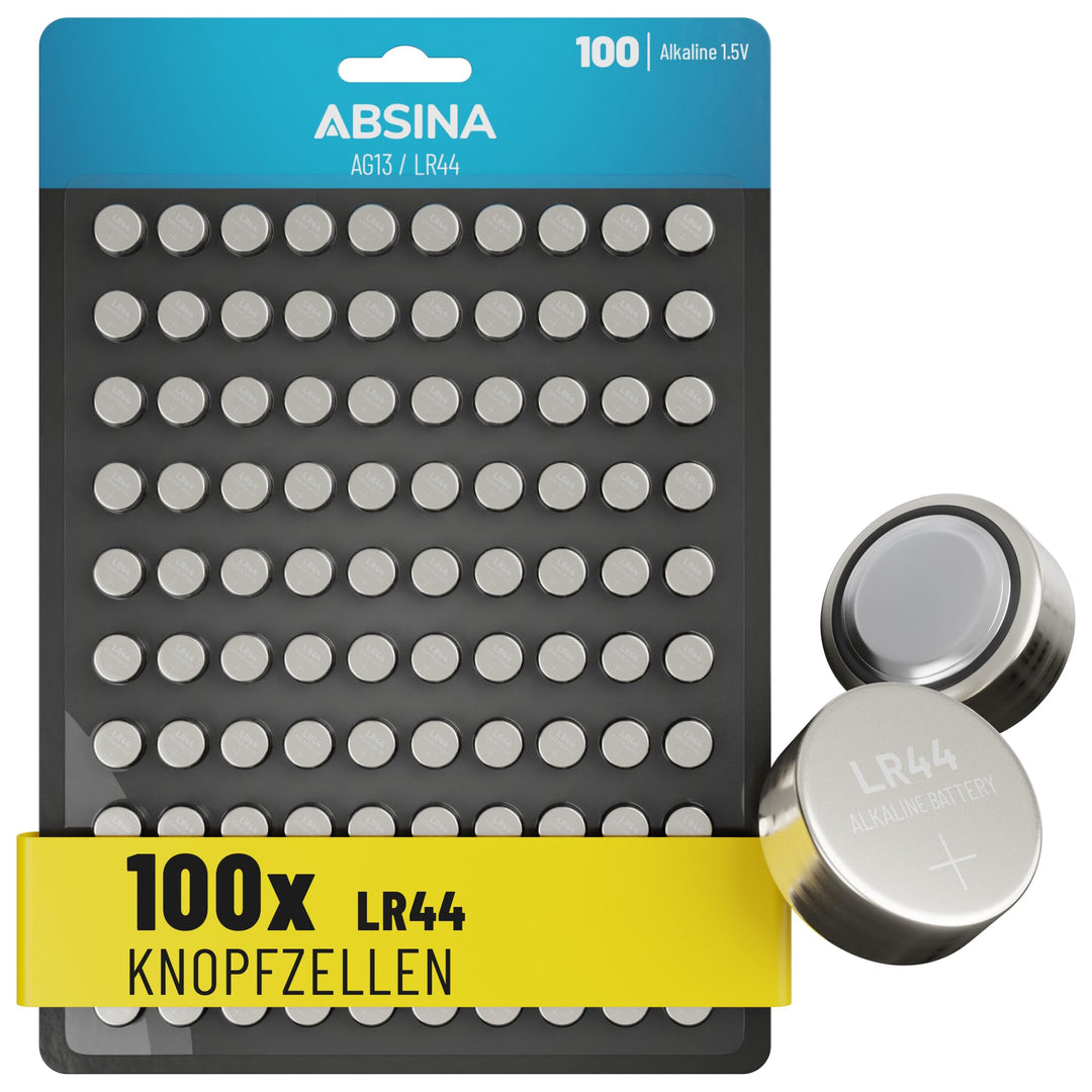ABSINA AG13 LR44 Knopfzelle 100er Pack - 1,5V Alkaline Knopfzellen auslaufsicher & mit Langer Haltba