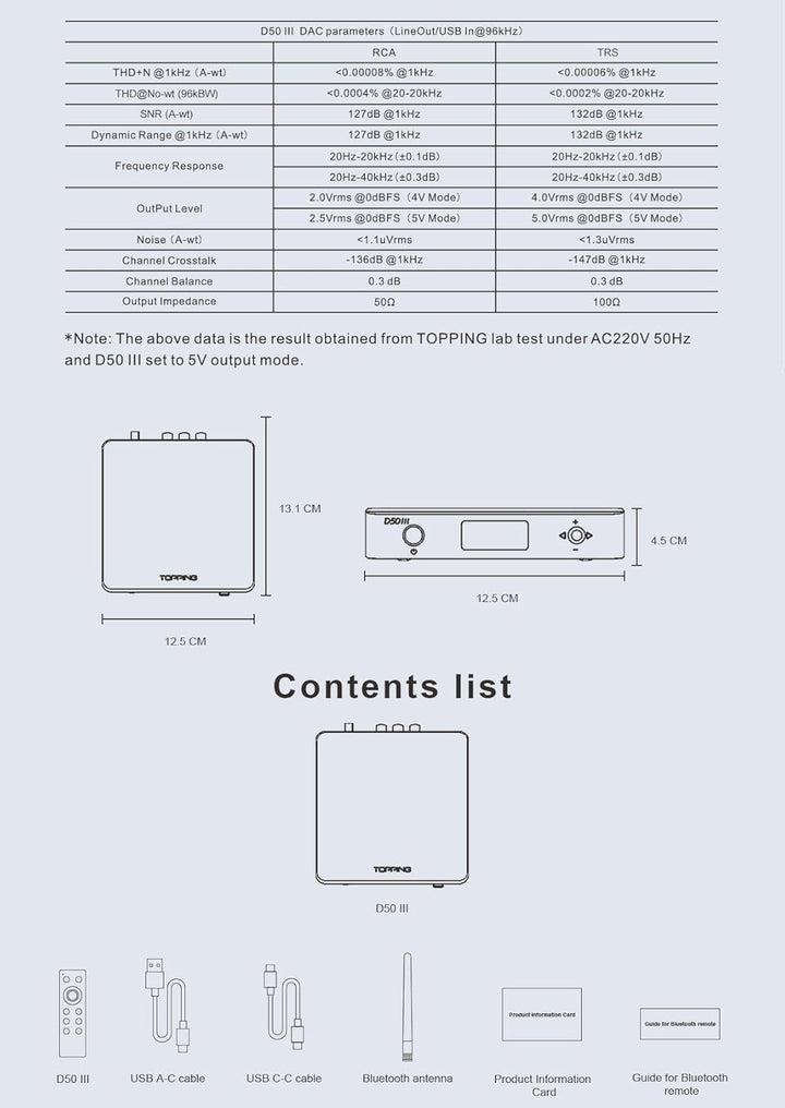 Topping D50 III DAC-Vorverstärker – LDAC Bluetooth 5.1 Dual ES9039Q2M D/A-Chips unterstützt DSD512 P