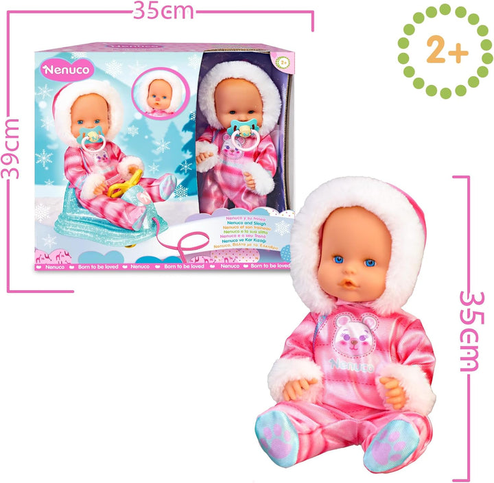 Nenuco - Schlitten - Harte Babypuppe 35 cm, ihre Nase ändert Sich bei Kälte, Zubehör: Schnuller und