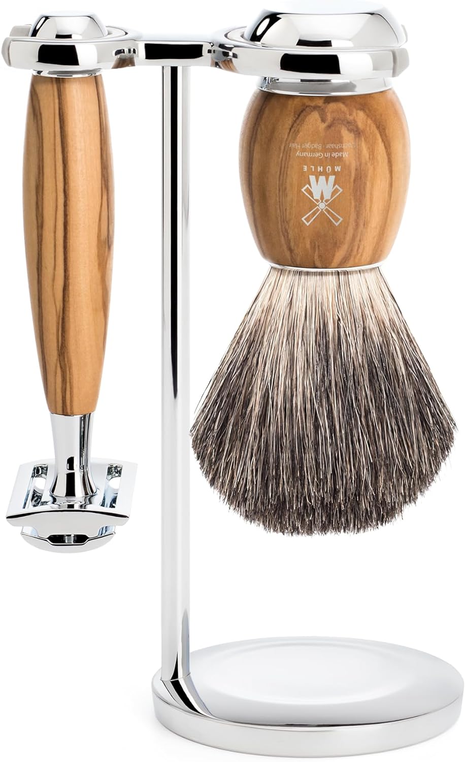 MÜHLE Vivo Rasierset - Rasierhobel, Rasierpinsel mit reinem Dachshaar und Halterung - Griffe aus edl