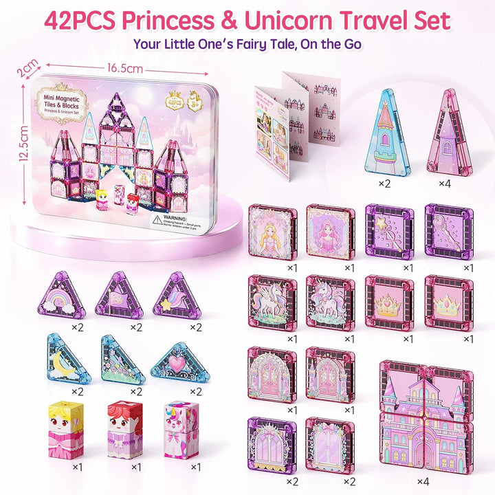 Magnetische Bausteine Reisespielzeug für Mädchen: 42pcs Prinzessin & Einhorn Tiles in Tragbarer Meta