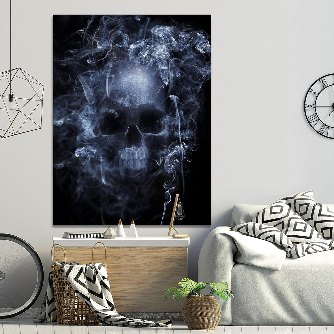 wandmotiv24 Totenkopf Wandbild aus Acrylglas, Grösse 80x60cm, Hochformat, Schädel im Rauch, Schwarz,