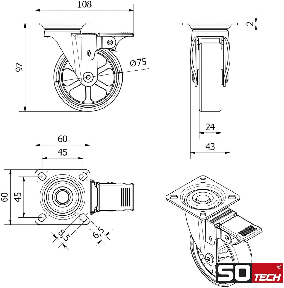 SOTECH 4 Stück Design Lenkrollen SHIFT Rollen-Ø 75 mm schwarz mit Feststellfunktion, belastbar bis 1