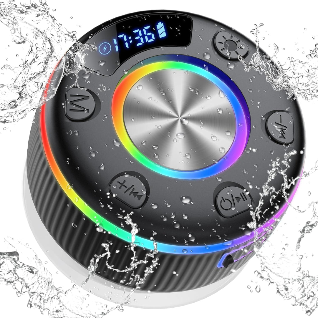 Bluetooth Lautsprecher Dusche, musikbox Bluetooth mit HD Mic, RGB Lichtshow, Zeitangabe, Mini Duschl