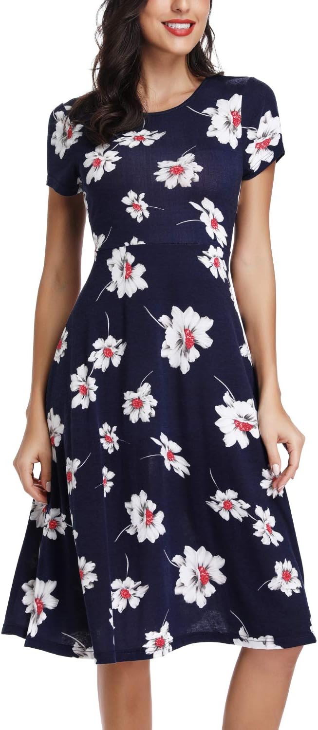 EXCHIC Damen Freizeit Rundhals A-Linie Kurzarm Midi Kleid Elegant Blumen Sommer Knielang Kleider L 3