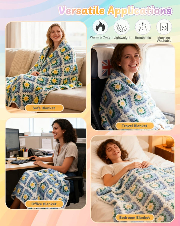 Coopay Granny Square Häkelset für Anfänger, Häkel Set für Gänseblümchen Decke 3D, Komplett Häkelset