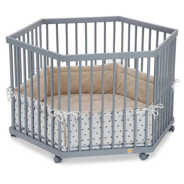 FabiMax Baby Laufgitter 6-eck Grau lackiert, stufenlos höhenverstellbar, mit Schlupfsprossen, Laufst