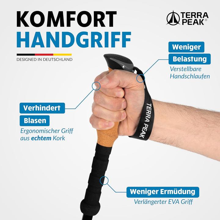 Terra Peak® Premium Wanderstöcke Teleskop ultra-leicht, ausziehbar aus Carbon o. Aluminium INKL. Mik