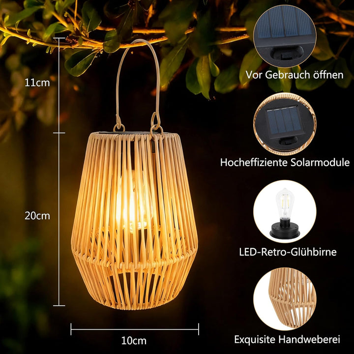 Solar Laternen für Aussen, 2 Stück Handgewebtes Rattan Solarlampen für Aussen Hängend, IP65 Wasserdi