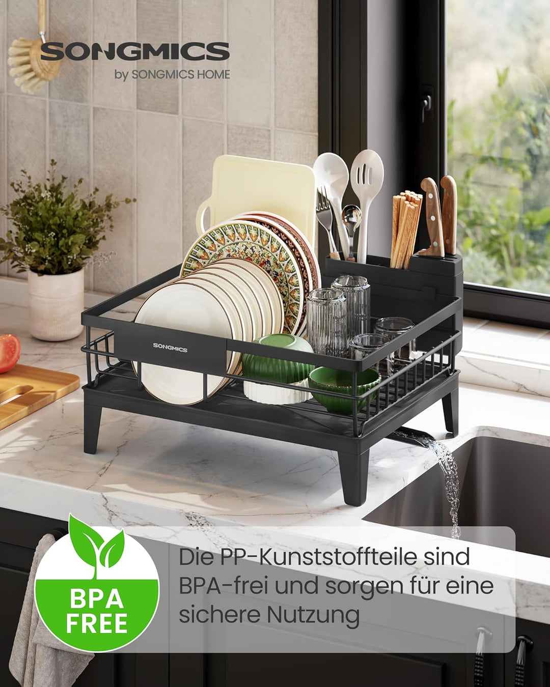 SONGMICS Abtropfgestell Geschirr, Geschirr-Abtropfständer, 360° drehbarer und ausziehbarer Ablauf, A