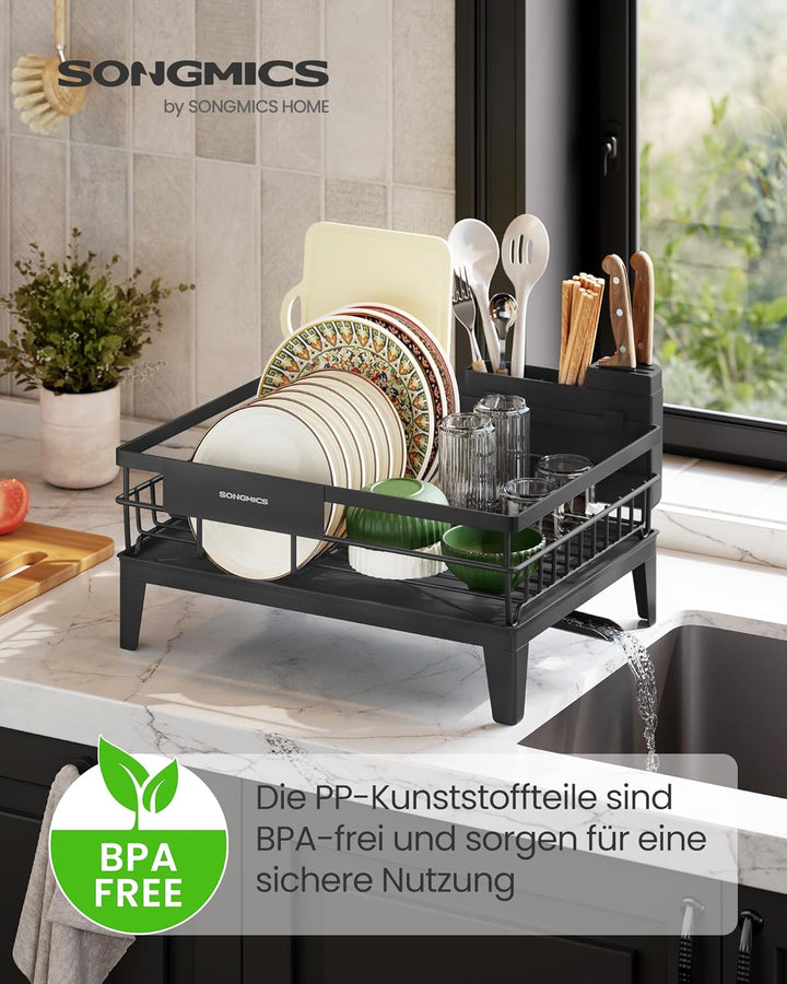 SONGMICS Abtropfgestell Geschirr, Geschirr-Abtropfständer, 360° drehbarer und ausziehbarer Ablauf, A